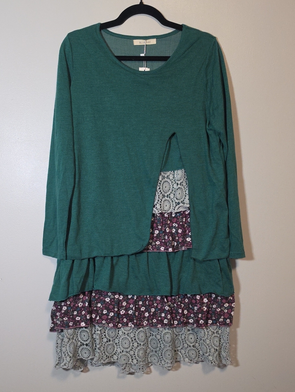 Green Layered Long-Sleeve Dress with Lace & Floral Ruffle Trim